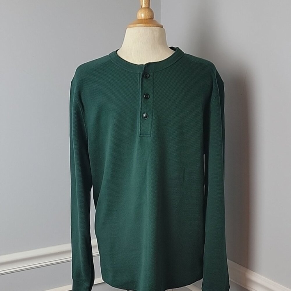J.CREW Oarsman Hunter Green Three Button Thermal Henley‎ Preppy Casual Shirt M